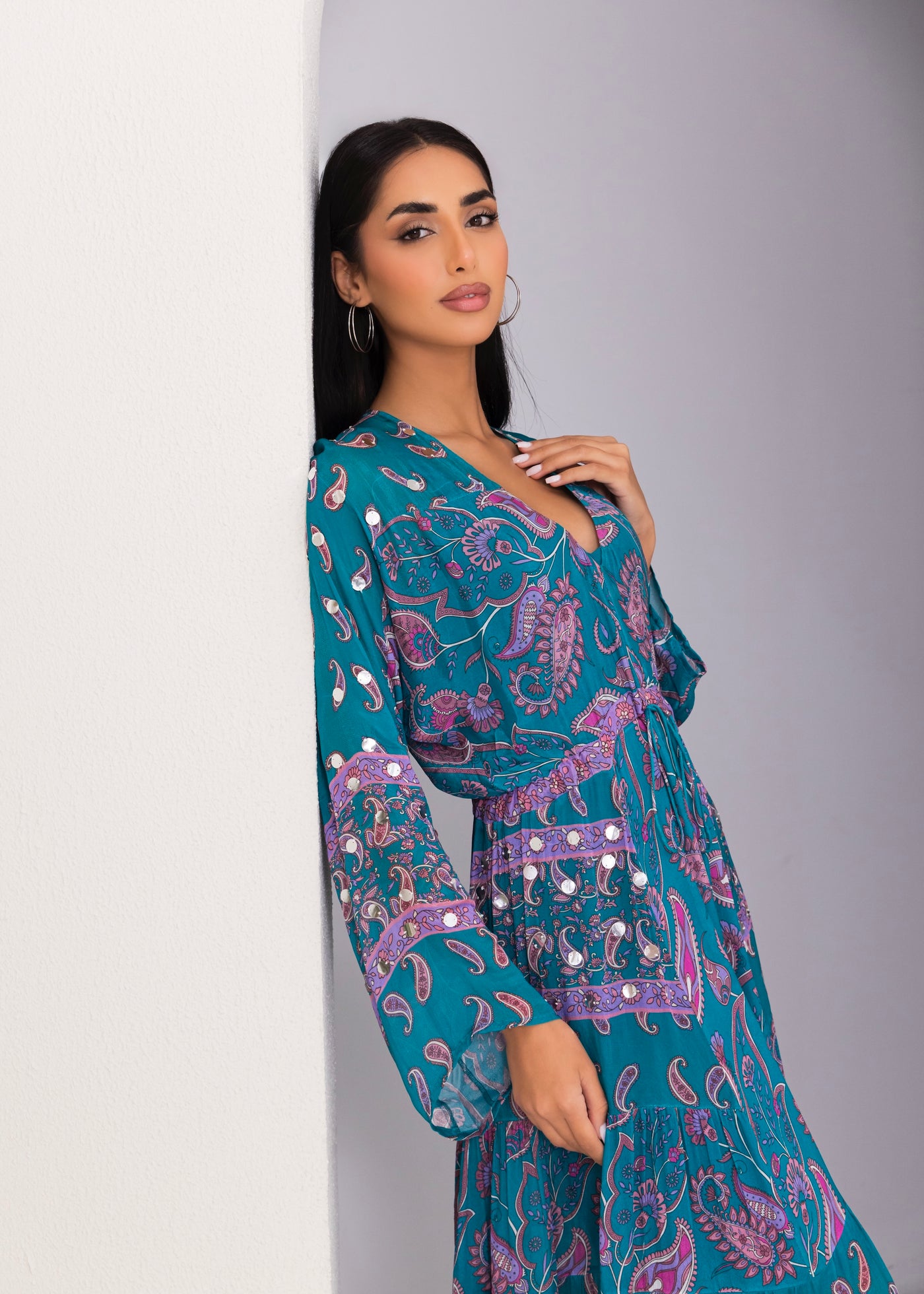 boho babe dress Floral Surplice Maxi Dress with Smocked Waist for Fall